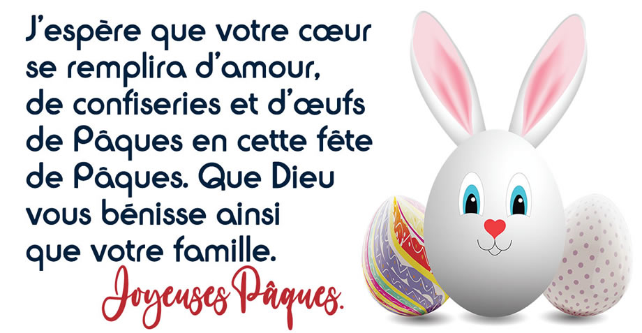 J'espère que votre cœur se remplira d'amour, de confiseries et d'œufs de Pâques en cette fête de Pâques. Que Dieu vous bénisse ainsi que votre famille.

