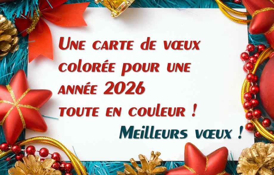 Image de carte de voeux joyeuse et colorée avec des étoiles rouges, des pommes de pin dorées et des fils décoratifs bleus avec message de voeux joyeux Noël et joyeux 2026