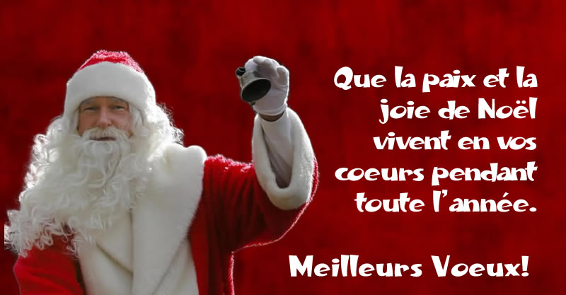 Un joli Père Noël sonnant la cloche et un message de voeux de joyeuses fêtes à partager sur Facebook et Instagram: Que la paix et la joie de Noël vivent en vos coeurs pendant toute l’année.