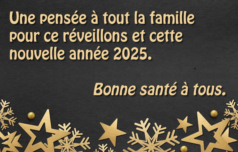  image, sur fond noir et étoiles dorées avec texte Une pensée à tout la famille pour ce réveillons et cette nouvelle année 2025. Bonne santé à tous.