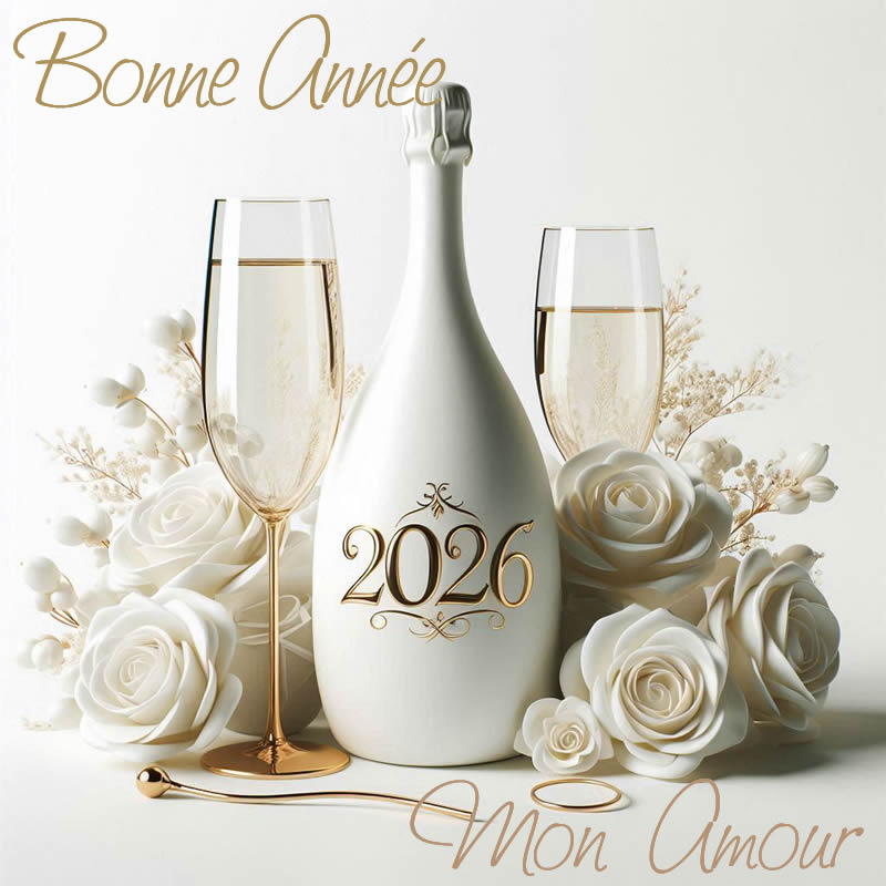 Bouquet de roses blanches, une bouteille avec écrit 2027, également blanche, et deux verres de vin mousseux dans une ambiance romantique