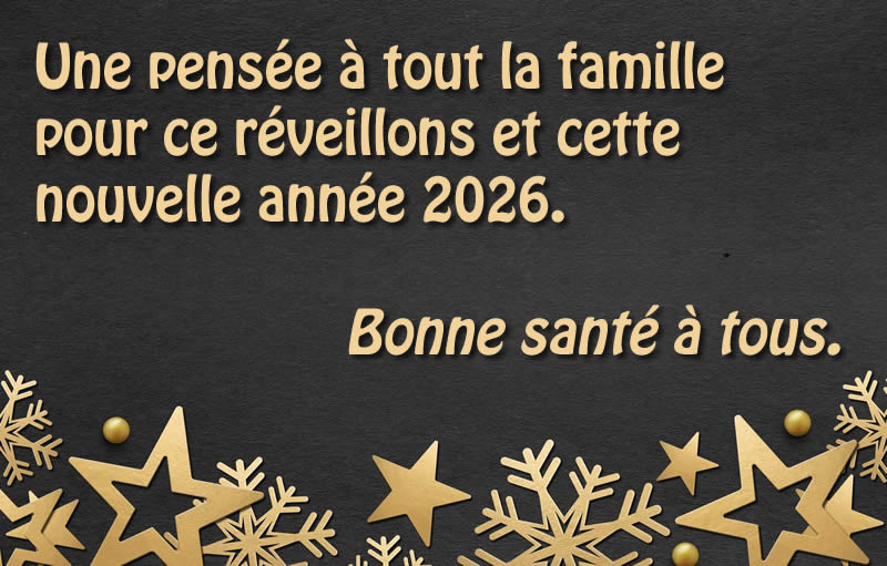  image, sur fond noir et étoiles dorées avec texte Une pensée à tout la famille pour ce réveillons et cette nouvelle année 2027. Bonne santé à tous.