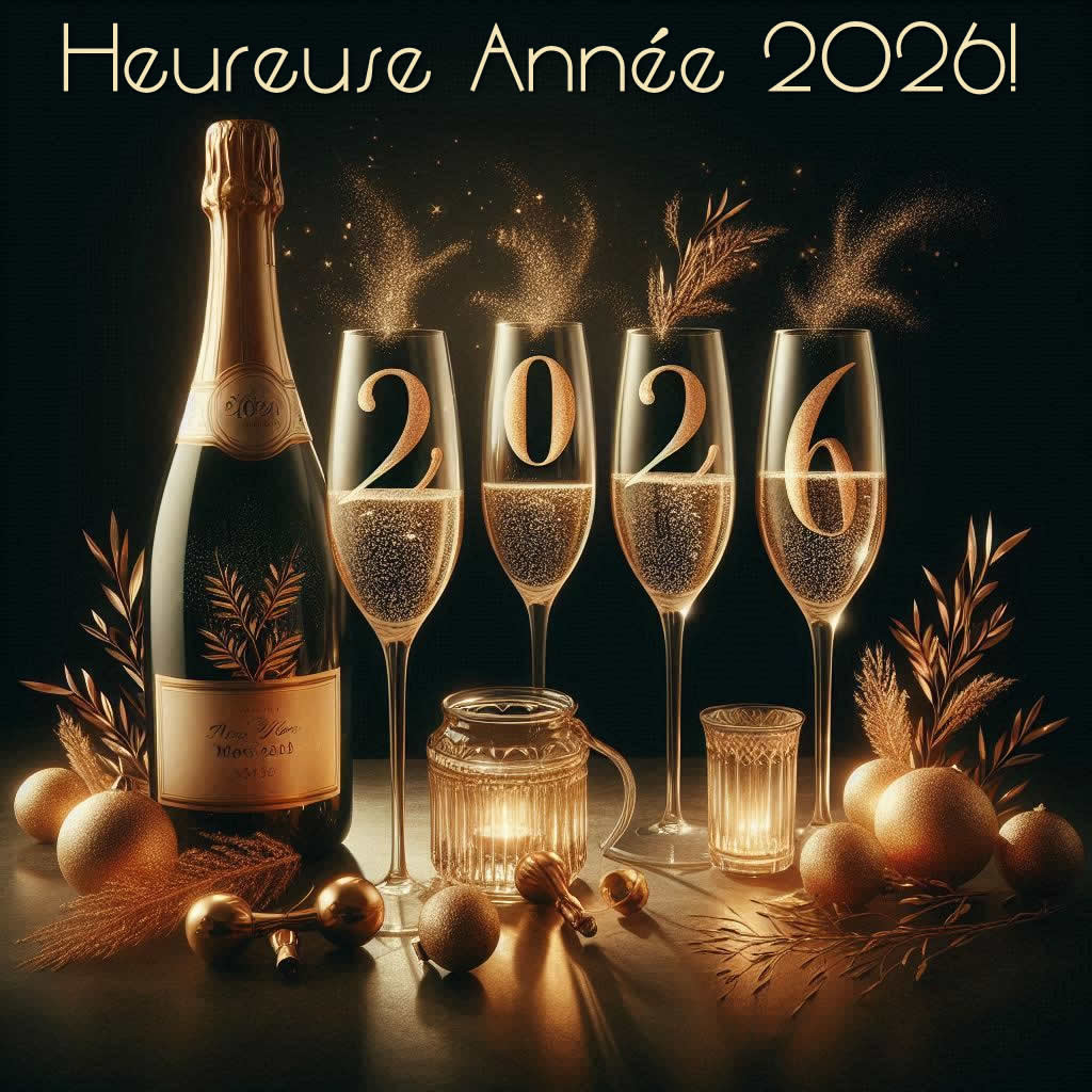 belle photo avec une bouteille de vin mousseux et 4 verres avec les chiffres qui composent la nouvelle année 2027