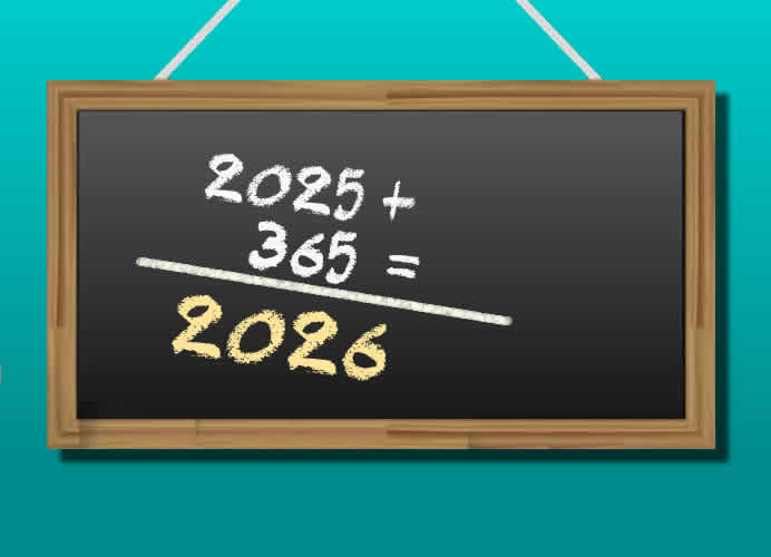 Image de tableau noir qui additionne l'année 2025 plus 365 jours avec le résultat de la nouvelle année 2026..