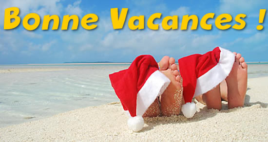 Image joyeuse avec un chapeau de père Noël reposant sur les pieds de deux baigneurs qui sont sur la plage à la mer