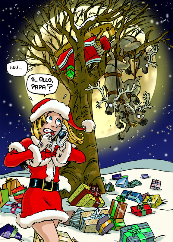 Image humoristique avec la fille du Père Noël qui appelle son père pour un petit accident avec son traîneau qui s'est retrouvé dans un arbre avec le renne.