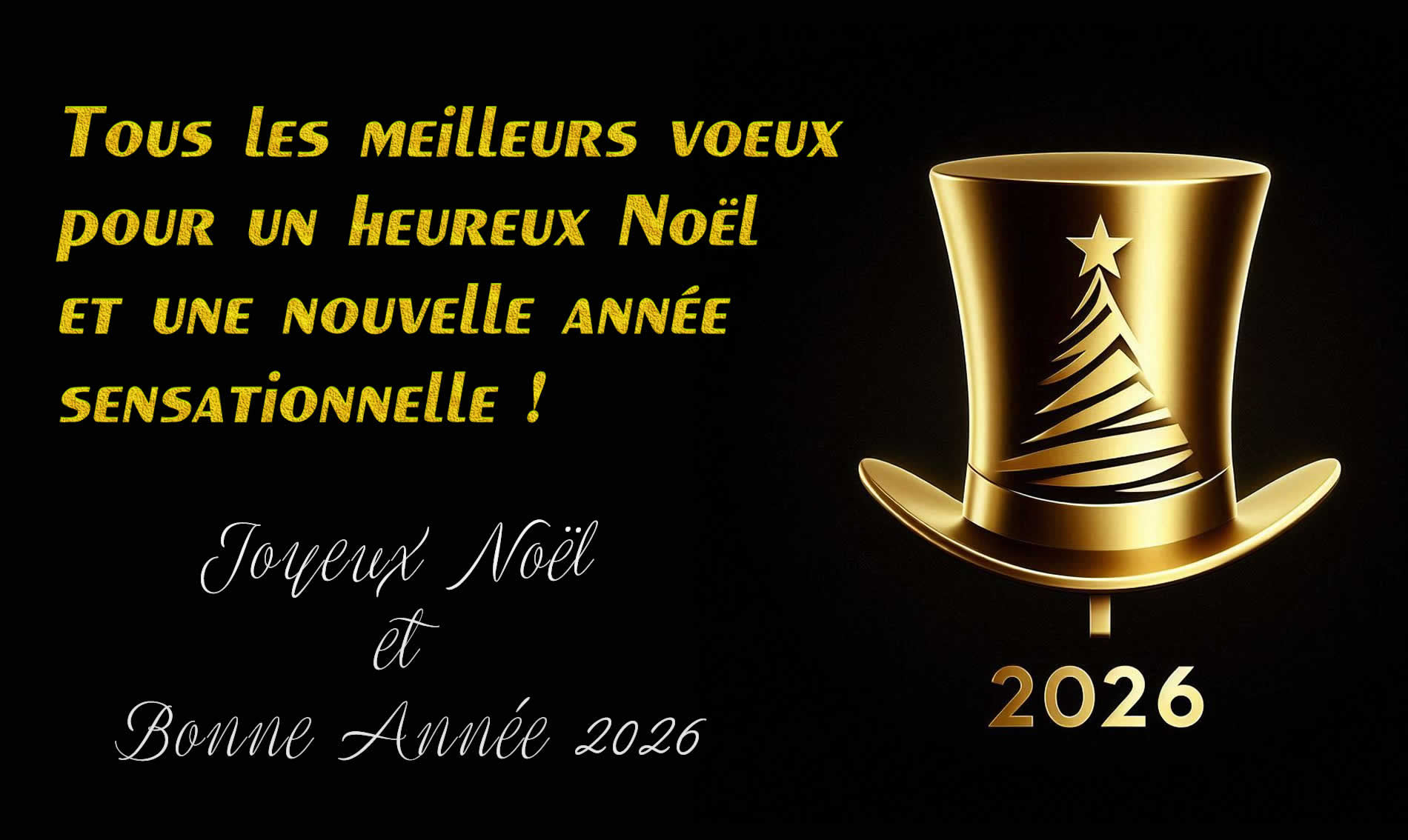image de fond noir avec sapin de Noël stylisé et chapeau avec l'inscription happy 2027. Un joli message pour de joyeuses fêtes Tous les meilleurs voeux pour un heureux Noël et une nouvelle année sensationnelle!