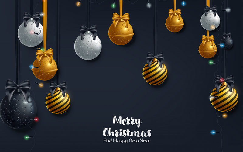 image élégante avec des boules de Noël décoratives et écrite en anglais Merry Christmas and Happy New Year