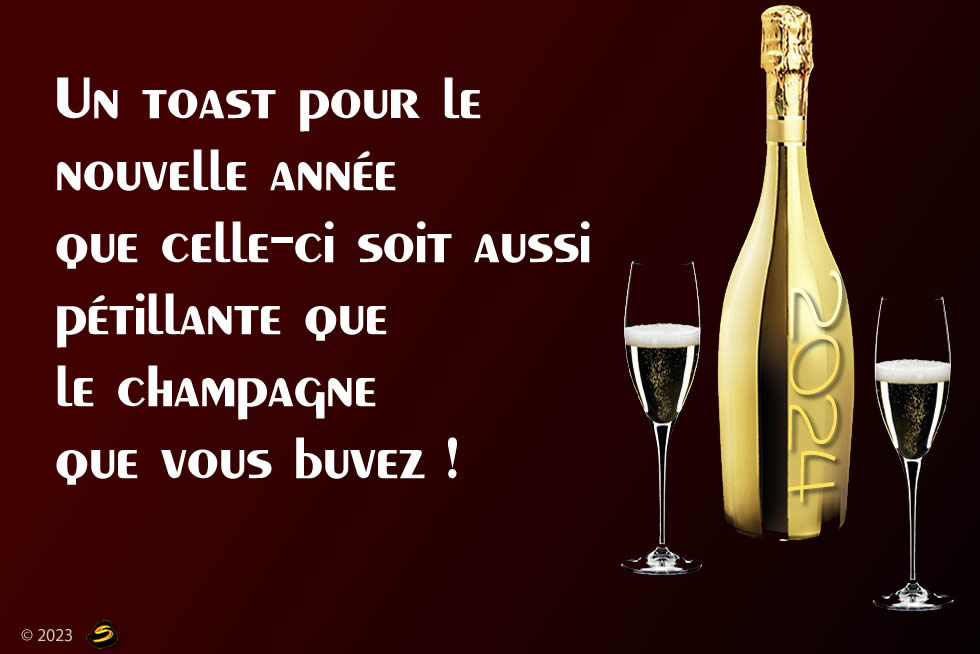 image avec bouteille de champagne et verres toast à minuit le 31 décembre pour le nouvel an avec message de voeux