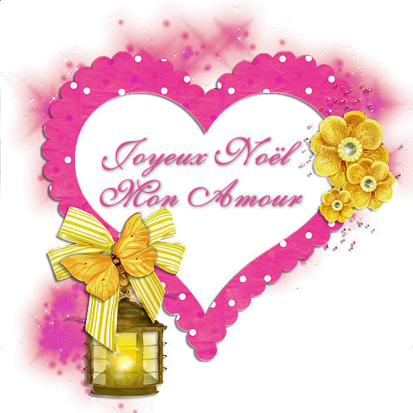 image avec coeur rose, papillons et lanterne pour créer une atmosphère romantique et souhaiter une bonne fête de Noël 