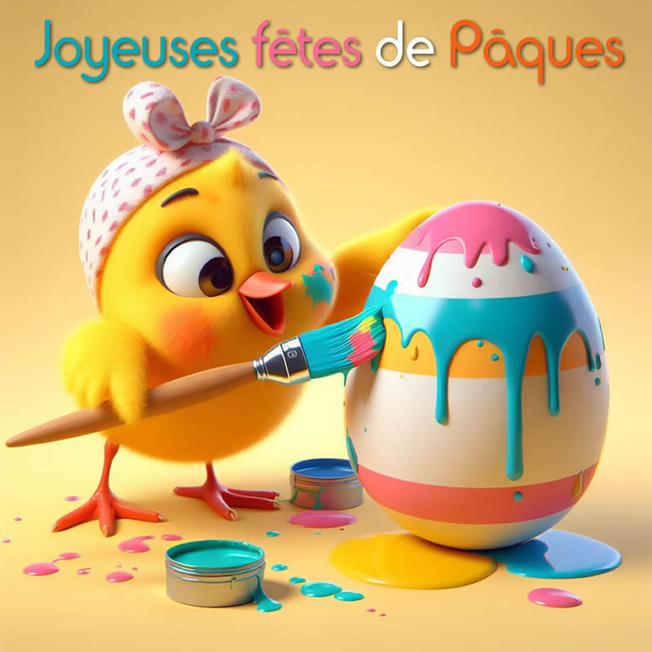 Belle carte de voeux de Joyeuses Pâques avec un oeuf de peinture de poussin