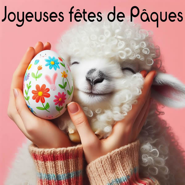 Image avec un tendre petit agneau avec des œufs de Pâques dans une douce étreinte