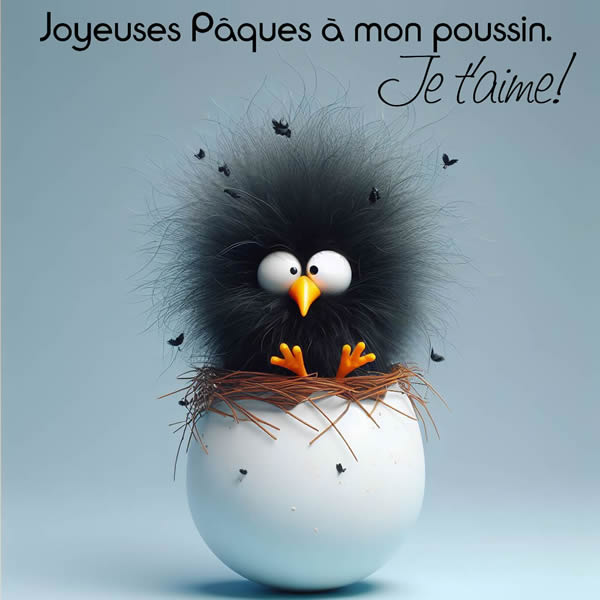 Image mignonne avec un vilain poussin noir sur un œuf de Pâques avec texte, Joyeuses Pâques mon poussin, je t'aime !