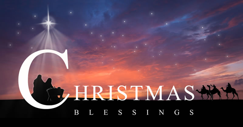 image avec crèche étoile comète, les trois rois mages avec écriture anglaise Christmas blessing