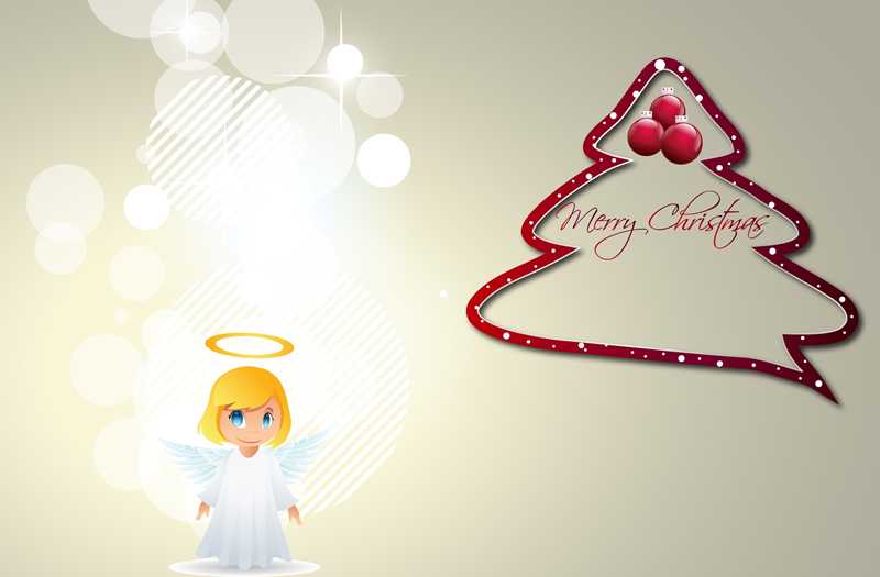 Image avec ange et arbre de noël contre critta en anglais Joyeux Noël (Merry Christmas)