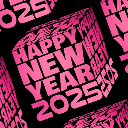 Image d'un cube formé de mots Happy New year 2025