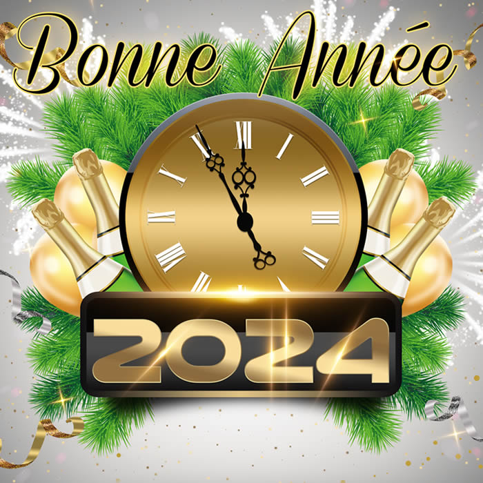 image élégante avec une horloge qui marque minuit et des bouteilles de vin mousseux prêtes à porter un toast à la nouvelle année