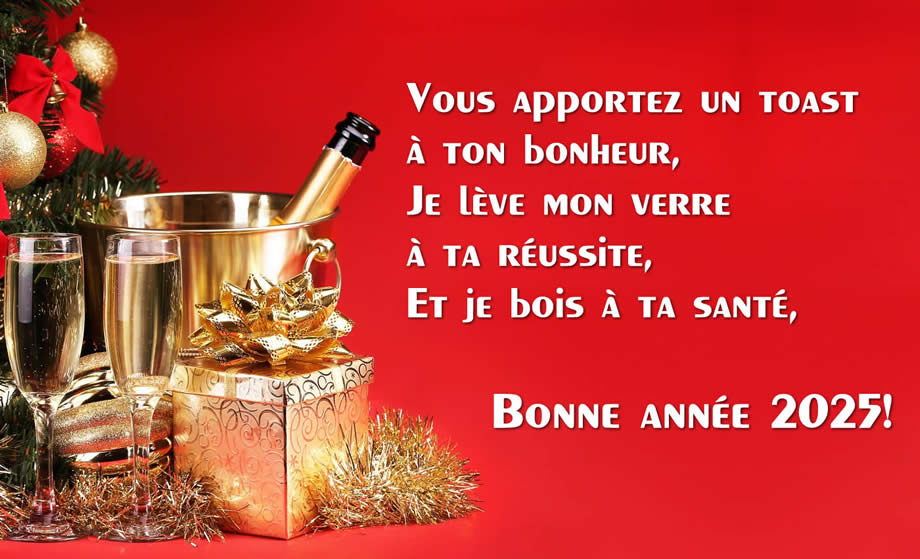 image de fond rouge avec des verres, une bouteille de champagne, des cadeaux de réveillon du nouvel an et des salutations de minuit du nouvel an