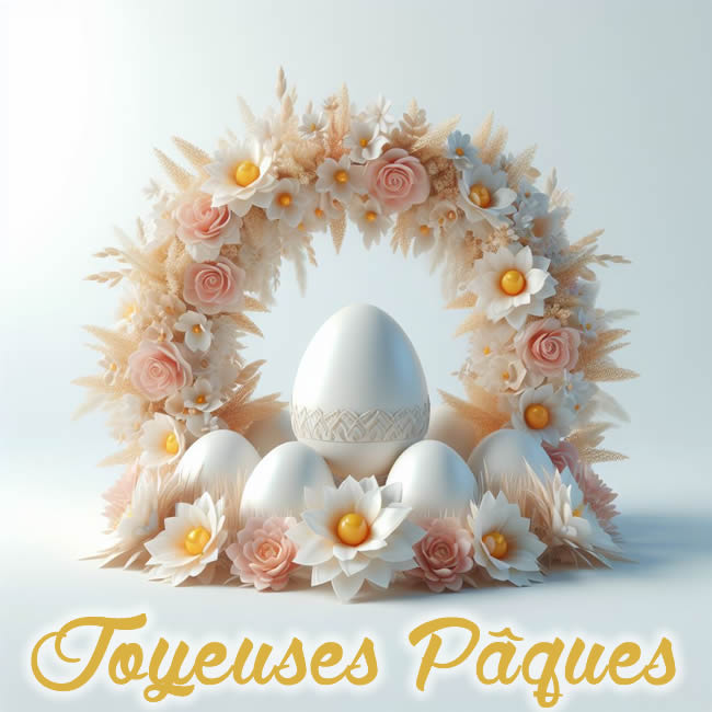 Belle décoration avec des roses et des fleurs blanches, élégante pour vos vœux spéciaux, avec texte Joyeuses Pâques