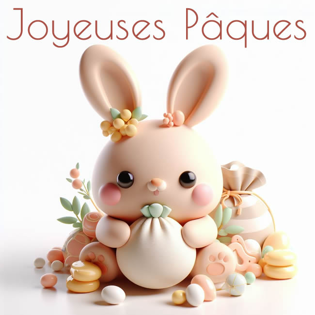 Image avec un doux lapin tenant un sac cadeau dans ses mains et de nombreux petits œufs autour, avec le texte Joyeuses Pâques