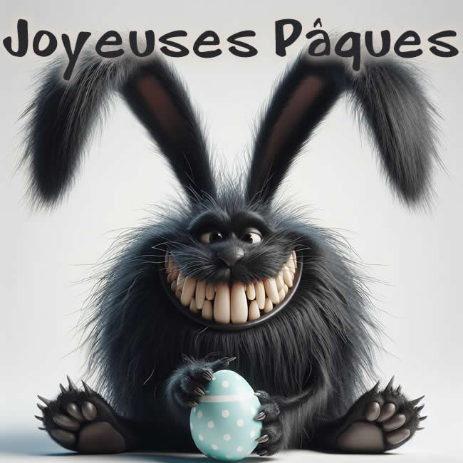 Image humoristique avec un lapin qui fait ses dents avec de longues oreilles vous souhaitant de joyeuses Pâques