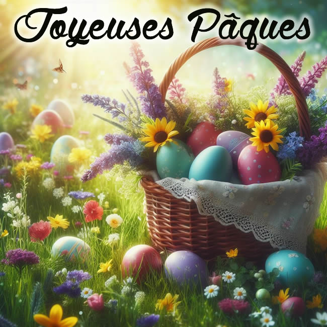 Image avec un panier plein de fleurs et des œufs décorés sur un pré fleuri avec le texte Joyeuses Pâques