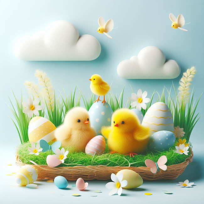 Image avec des poussins et des œufs décorés