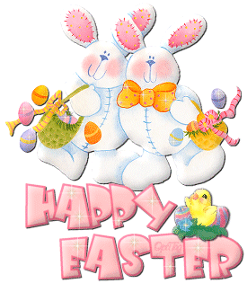 GIF avec deux lapins de Pâques scintillants avec texte anglais Joyeuses Pâques