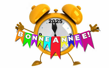 Image avec mignon réveil marquant le minuit du Nouvel An avec bannière de Bonne Année